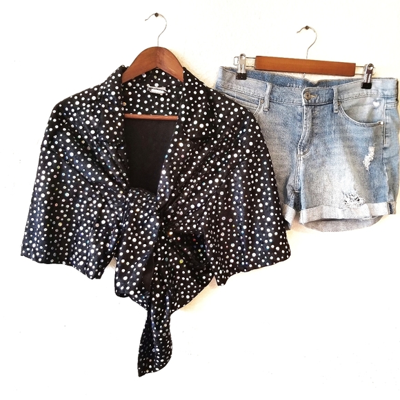 Vintage Tops - Vintage disco black and silver polka dot top -B
